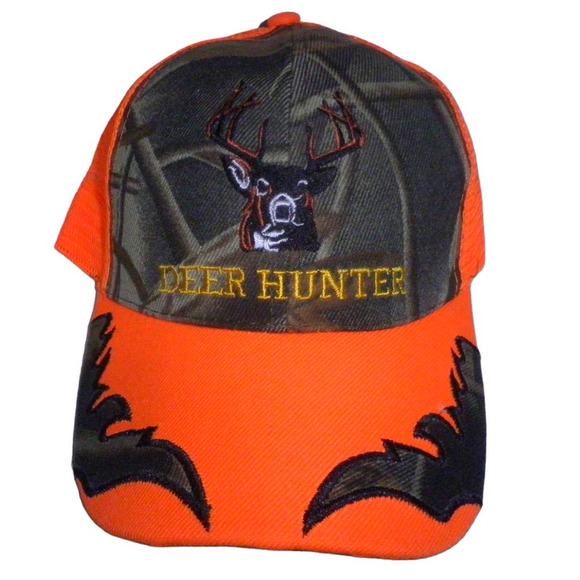Embroidered Deer Hunter Ball Cap, Orange Mesh, Camo Front, Snapback Trucker Hat - Picture 1 of 4